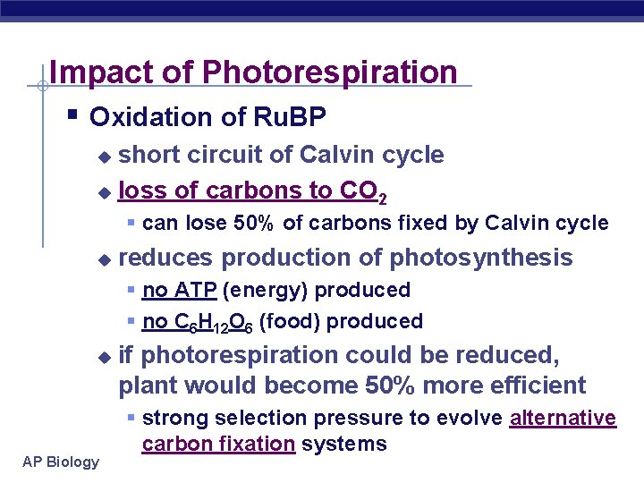 Impact of Photorespiration § Oxidation of Ru. BP short circuit of Calvin cycle u