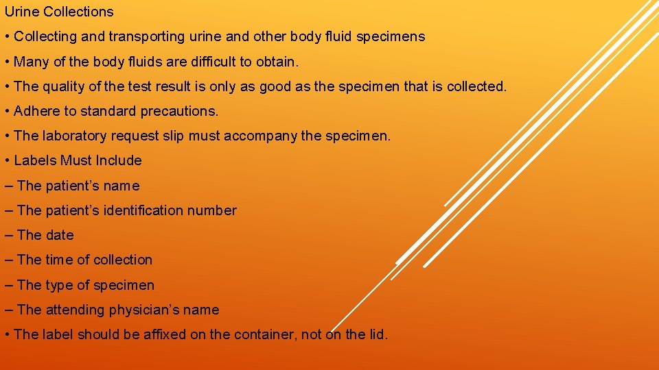 Urine Collections • Collecting and transporting urine and other body fluid specimens • Many