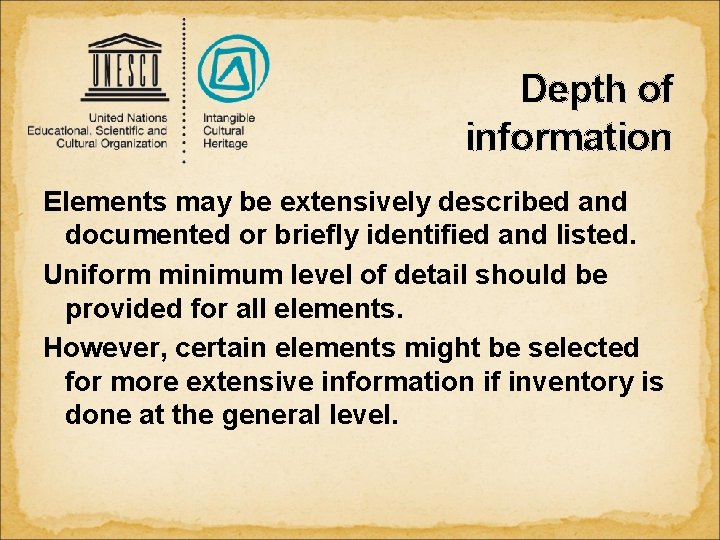 Depth of information Elements may be extensively described and documented or briefly identified and