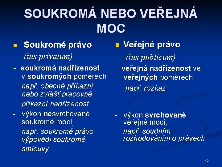 SOUKROMÁ NEBO VEŘEJNÁ MOC n Soukromé právo (ius privatum) - soukromá nadřízenost v soukromých