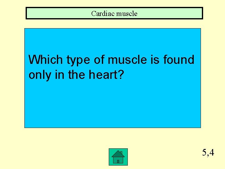 Cardiac muscle Which type of muscle is found only in the heart? 5, 4