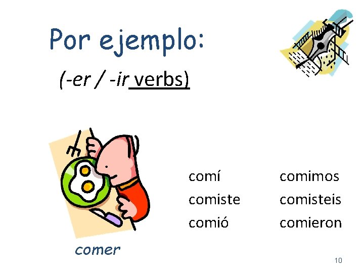 Por ejemplo: (-er / -ir verbs) comí comiste comió comer comimos comisteis comieron 10