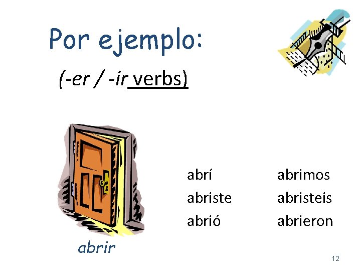 Por ejemplo: (-er / -ir verbs) abrí abriste abrió abrir abrimos abristeis abrieron 12