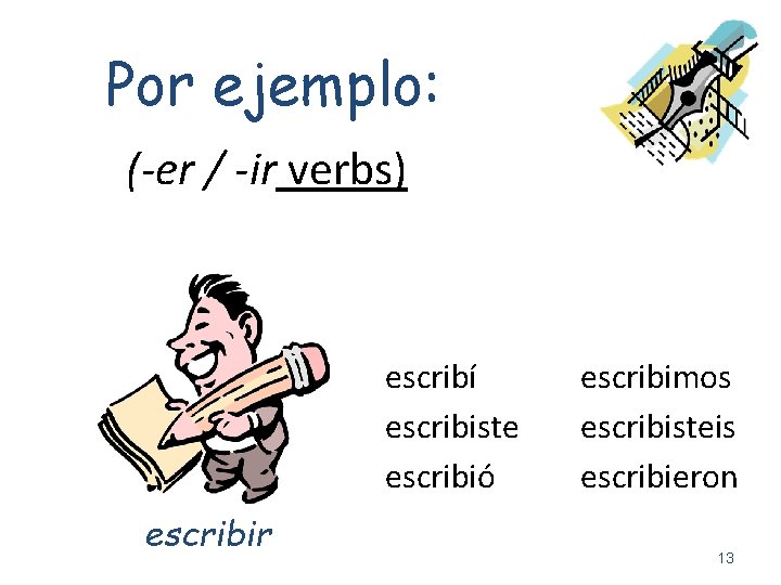 Por ejemplo: (-er / -ir verbs) escribí escribiste escribió escribir escribimos escribisteis escribieron 13