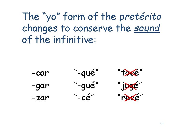 The “yo” form of the pretérito changes to conserve the sound of the infinitive: