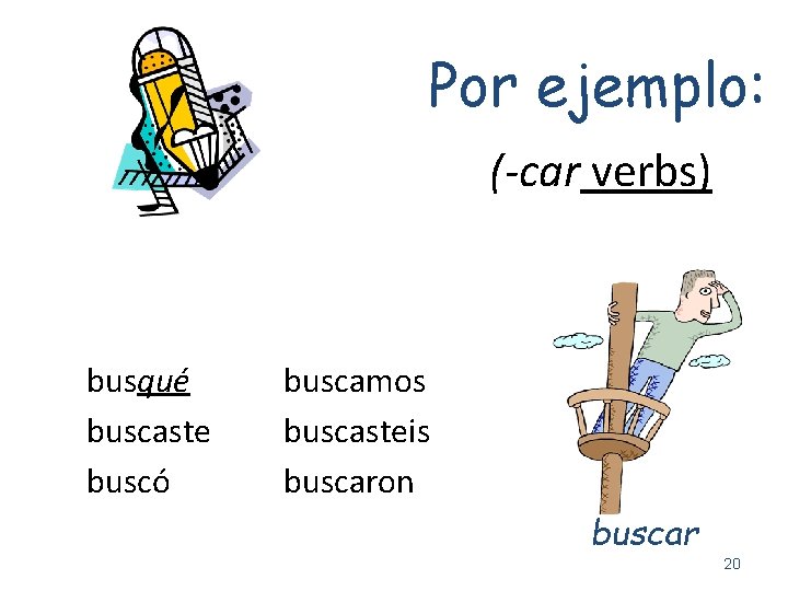 Por ejemplo: (-car verbs) busqué buscaste buscó buscamos buscasteis buscaron buscar 20 