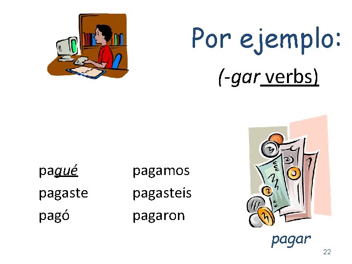 Por ejemplo: (-gar verbs) pagué pagaste pagó pagamos pagasteis pagaron pagar 22 