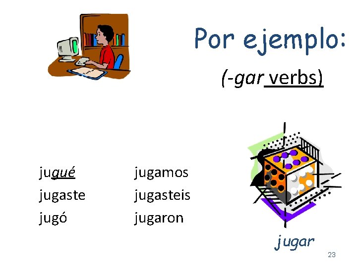 Por ejemplo: (-gar verbs) jugué jugaste jugó jugamos jugasteis jugaron jugar 23 