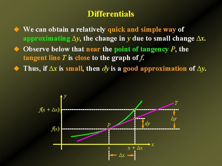 Differentials u We can obtain a relatively quick and simple way of approximating Dy,