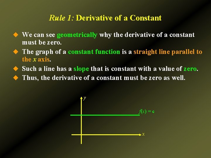 Rule 1: Derivative of a Constant u We can see geometrically why the derivative
