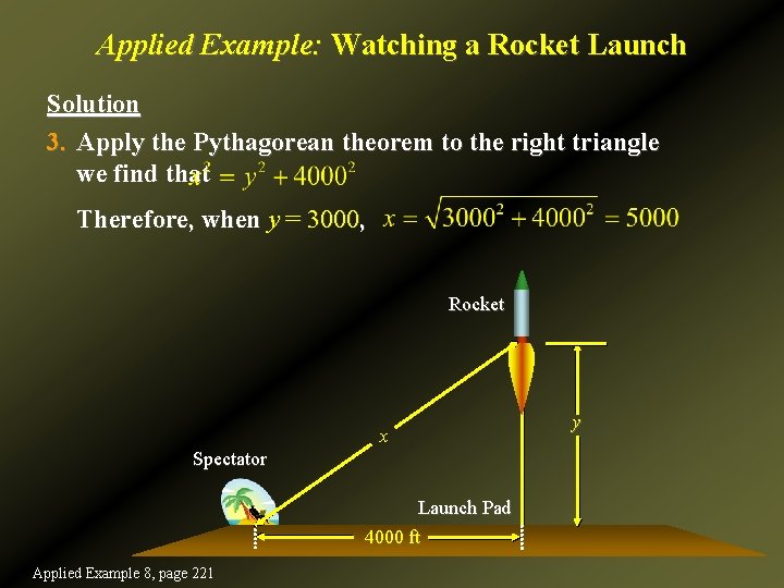 Applied Example: Watching a Rocket Launch Solution 3. Apply the Pythagorean theorem to the