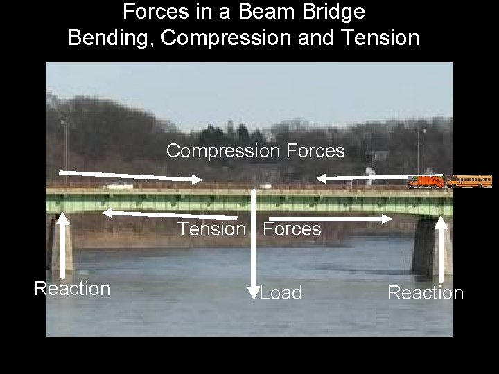 Forces in a Beam Bridge Bending, Compression and Tension Compression Forces Tension Forces Reaction