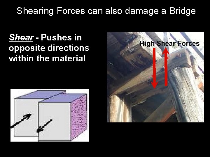 Shearing Forces can also damage a Bridge Shear - Pushes in opposite directions within