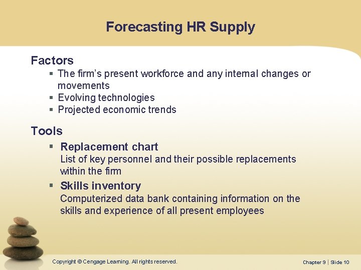 Forecasting HR Supply Factors § The firm’s present workforce and any internal changes or