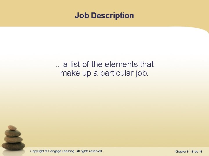 Job Description …a list of the elements that make up a particular job. Copyright