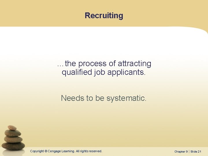 Recruiting …the process of attracting qualified job applicants. Needs to be systematic. Copyright ©