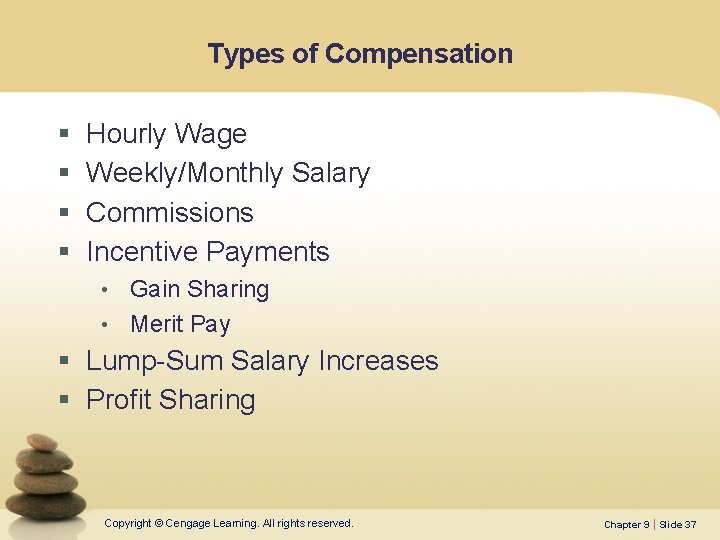 Types of Compensation § § Hourly Wage Weekly/Monthly Salary Commissions Incentive Payments • Gain