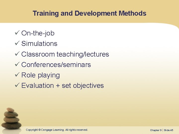 Training and Development Methods ü On-the-job ü Simulations ü Classroom teaching/lectures ü Conferences/seminars ü