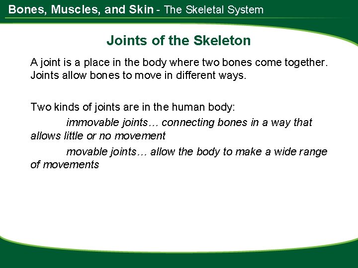 Bones, Muscles, and Skin - The Skeletal System Joints of the Skeleton A joint