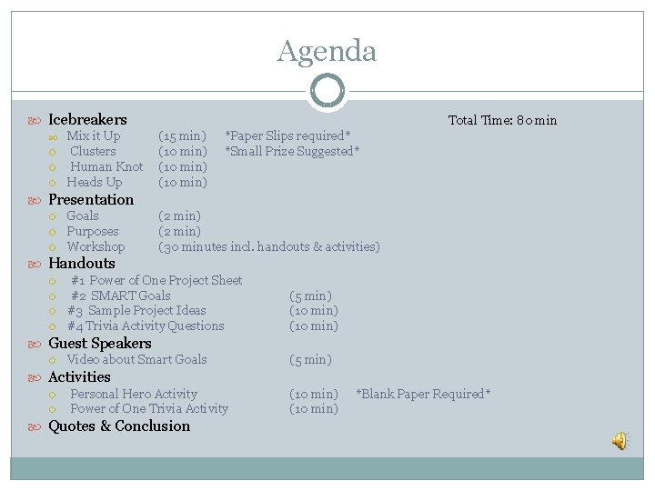 Agenda Icebreakers Mix it Up Clusters Human Knot Heads Up Total Time: 80 min