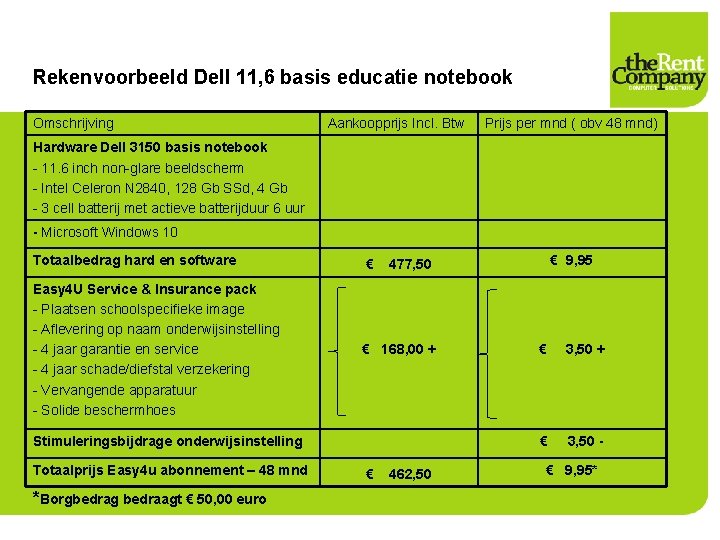 Rekenvoorbeeld Dell 11, 6 basis educatie notebook Omschrijving Aankoopprijs Incl. Btw Prijs per mnd