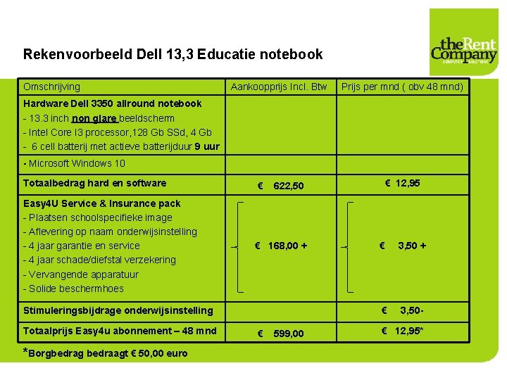 Rekenvoorbeeld Dell 13, 3 Educatie notebook Omschrijving Aankoopprijs Incl. Btw Prijs per mnd (