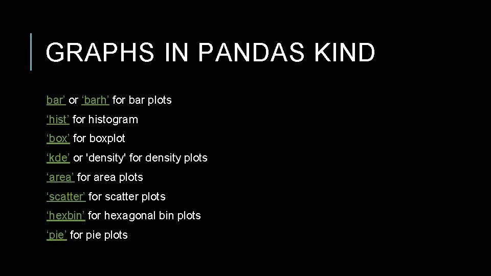 GRAPHS IN PANDAS KIND bar’ or ‘barh’ for bar plots ‘hist’ for histogram ‘box’ GRAPHS IN PANDAS KIND bar’ or ‘barh’ for bar plots ‘hist’ for histogram ‘box’