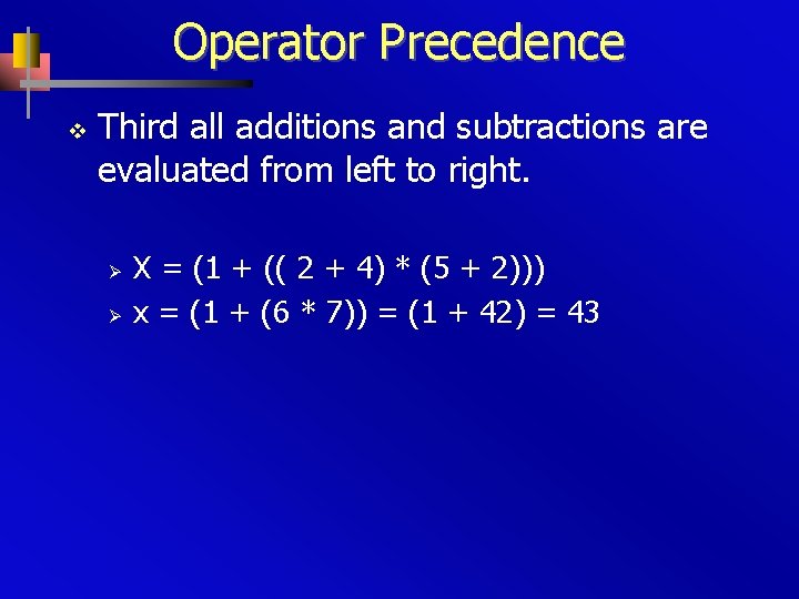 Operator Precedence v Third all additions and subtractions are evaluated from left to right.