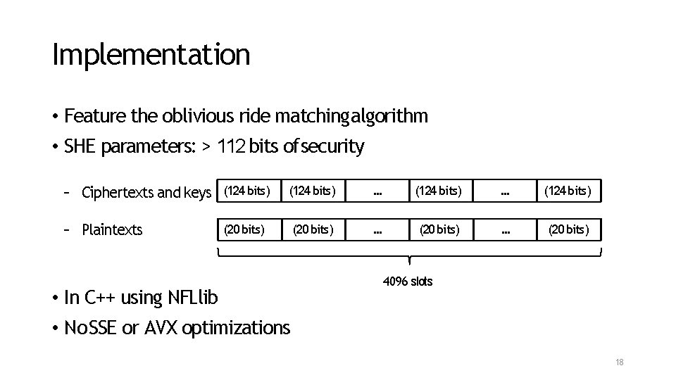 Implementation • Feature the oblivious ride matching algorithm • SHE parameters: > 112 bits