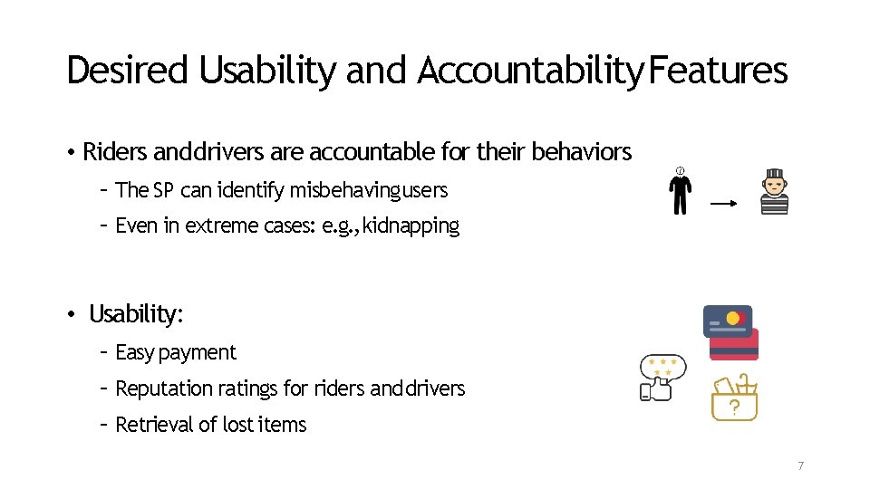 Desired Usability and Accountability Features • Riders and drivers are accountable for their behaviors