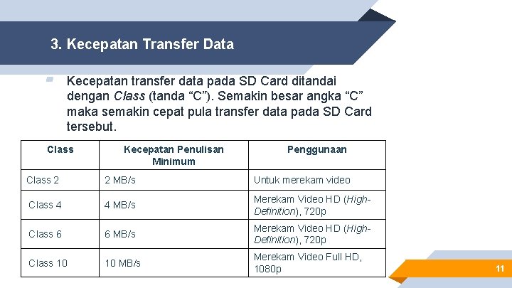 3. Kecepatan Transfer Data ▰ Kecepatan transfer data pada SD Card ditandai dengan Class