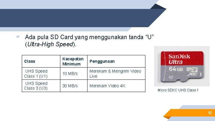 ▰ Ada pula SD Card yang menggunakan tanda “U” (Ultra-High Speed). Class Kecepatan Minimum