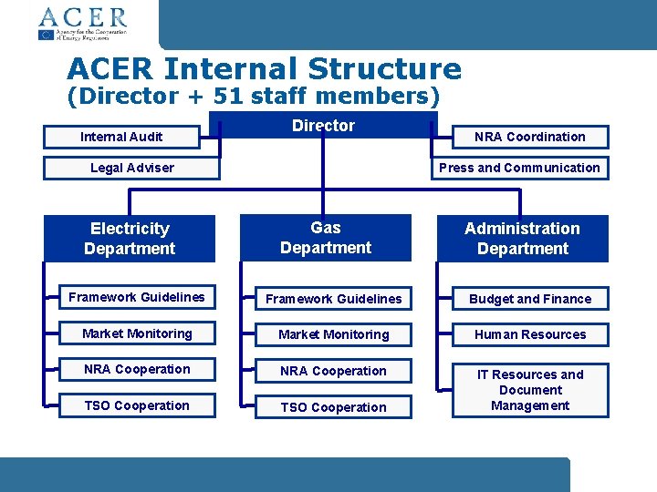 ACER Internal Structure (Director + 51 staff members) Internal Audit Director Legal Adviser Electricity