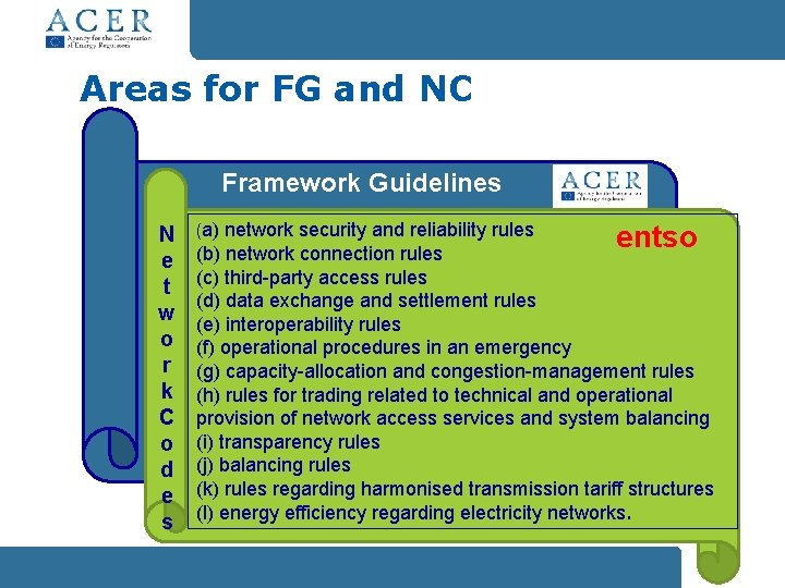 Areas for FG and NC Framework Guidelines N e t w o r k