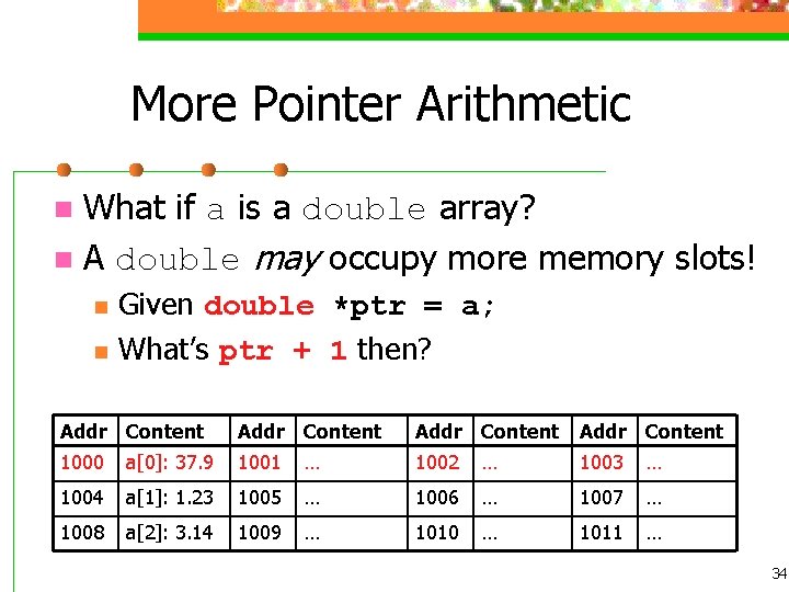 More Pointer Arithmetic What if a is a double array? n A double may