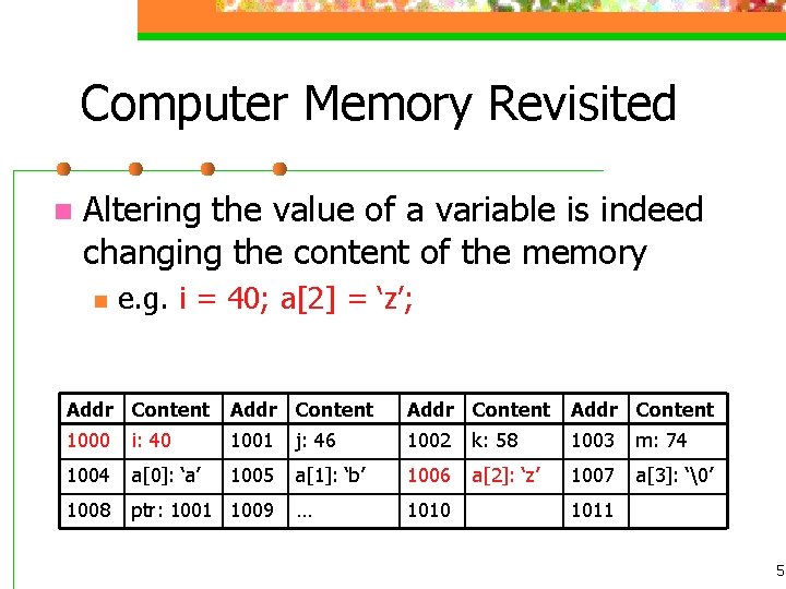 Computer Memory Revisited n Altering the value of a variable is indeed changing the