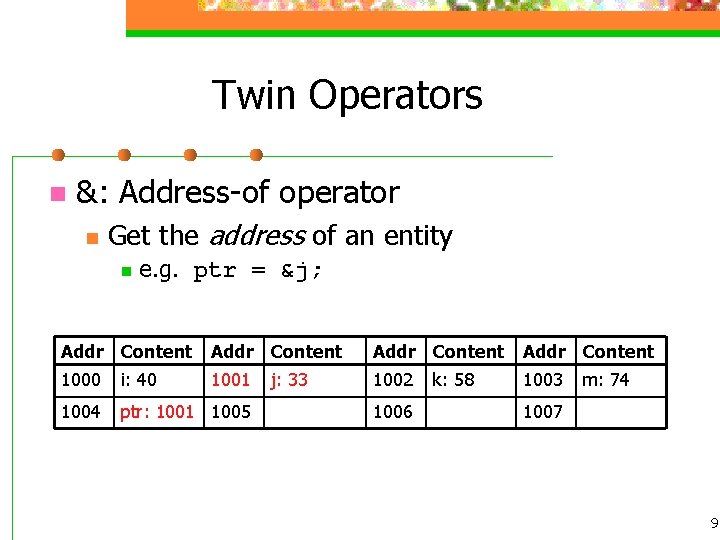 Twin Operators n &: Address-of operator n Get the address of an entity n