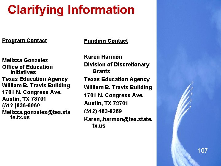 Clarifying Information Program Contact Funding Contact Melissa Gonzalez Office of Education Initiatives Texas Education