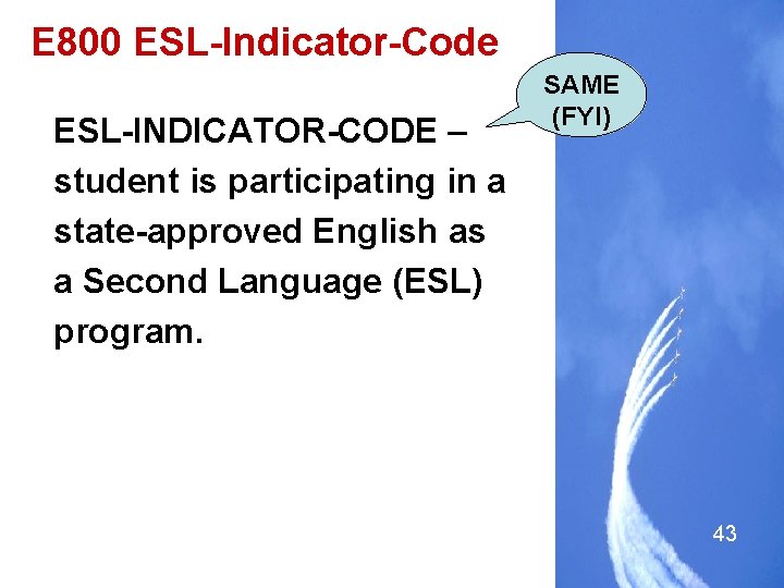 E 800 ESL-Indicator-Code ESL-INDICATOR-CODE – student is participating in a state-approved English as a