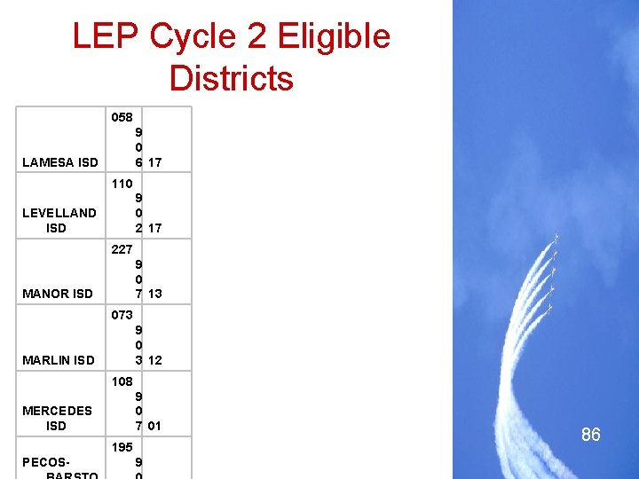 LEP Cycle 2 Eligible Districts 058 9 0 6 17 LAMESA ISD 110 9