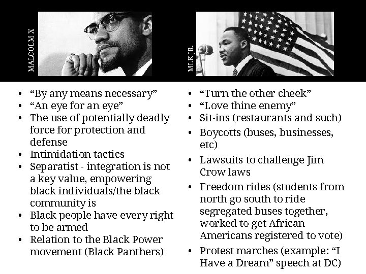 MLK JR. MALCOLM X • “By any means necessary” • “An eye for an