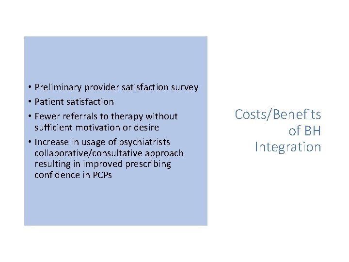  • Preliminary provider satisfaction survey • Patient satisfaction • Fewer referrals to therapy