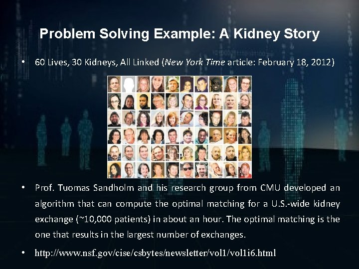 Problem Solving Example: A Kidney Story • 60 Lives, 30 Kidneys, All Linked (New