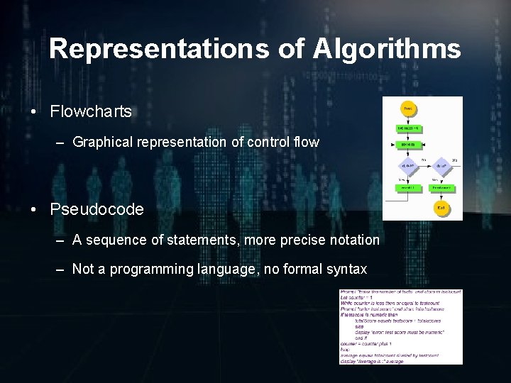 Representations of Algorithms • Flowcharts – Graphical representation of control flow • Pseudocode –