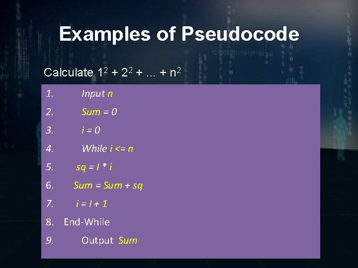 Examples of Pseudocode Calculate 12 + 22 +. . . + n 2 1.
