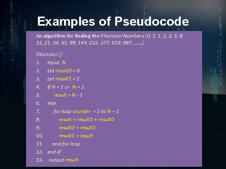 Examples of Pseudocode An algorithm for finding the Fibonacci Numbers (0, 1, 1, 2,
