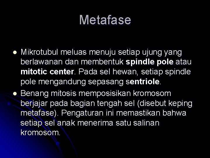 Metafase l l Mikrotubul meluas menuju setiap ujung yang berlawanan dan membentuk spindle pole