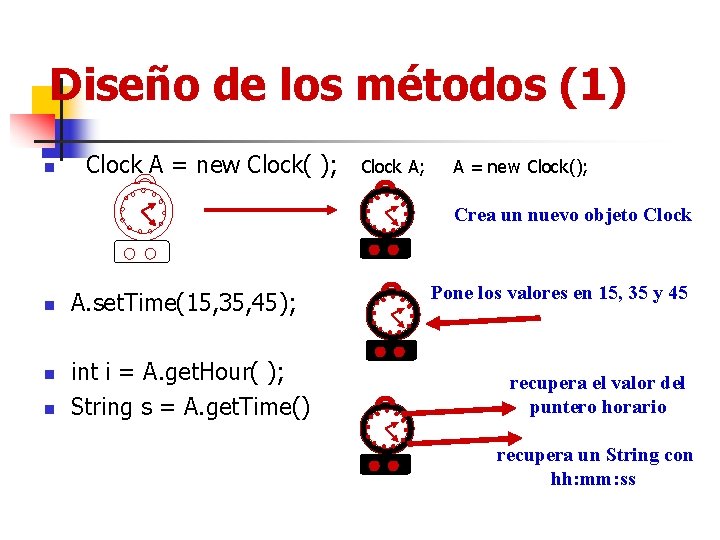 Diseño de los métodos (1) n Clock A = new Clock( ); Clock A;