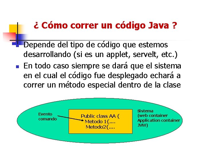 ¿ Cómo correr un código Java ? n n Depende del tipo de código