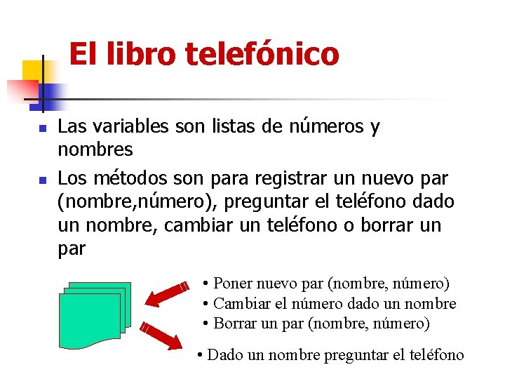 El libro telefónico n n Las variables son listas de números y nombres Los